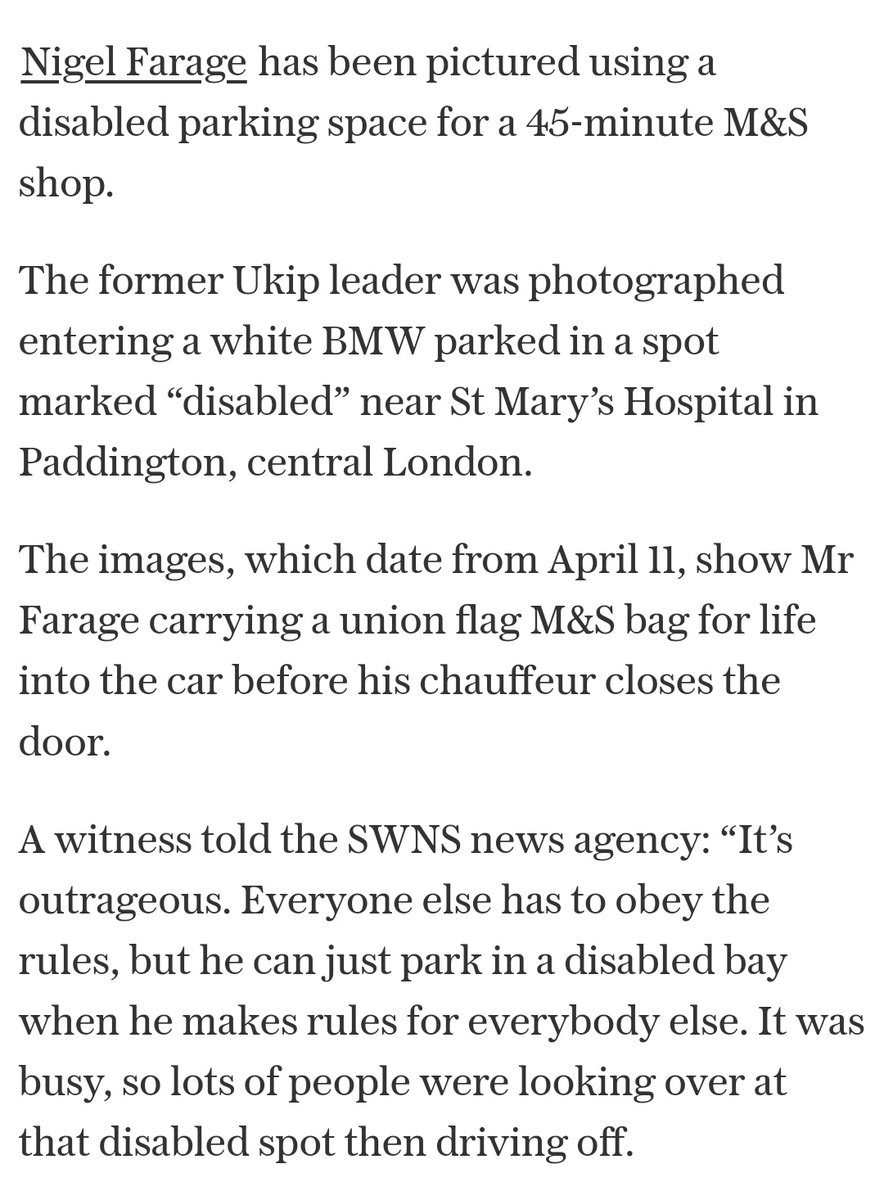 Why was Nigel Farage - and his chauffeur - using a disabled bay for 45 minutes to do a Marks and Spencer shop? telegraph.co.uk/news/2024/05/0…