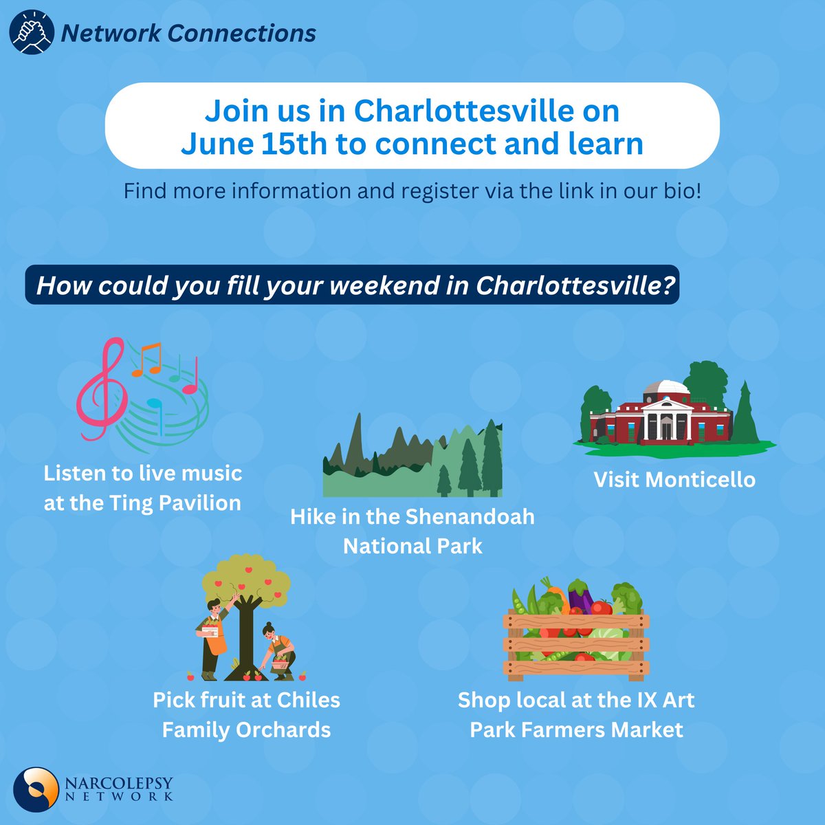 Are you planning on joining us in Charlottesville on June 15th and are wondering how to fill the weekend? There’s so much to do in Charlottesville! Click here: ow.ly/J0j650RzHco for more information about our event 🌞

#NarcolepsyNetwork #NetworkConnections #Charlottesville