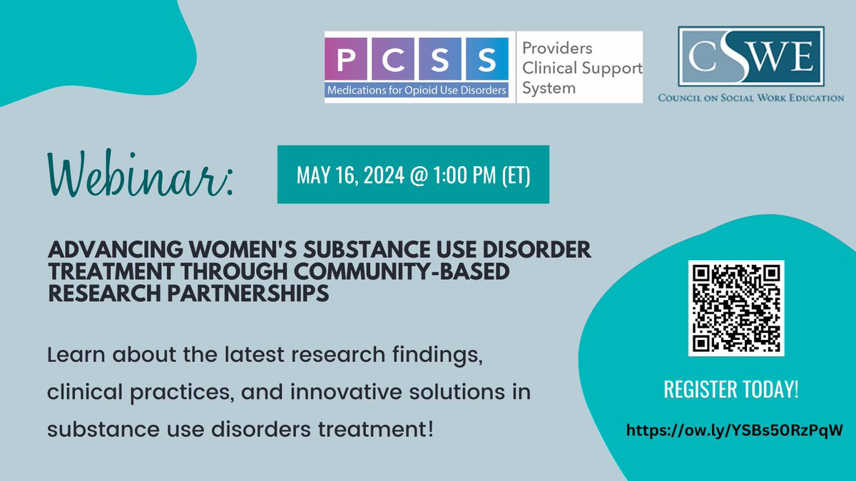 CSocialWorkEd's tweet image. Join us May 16 @ 1 PM for the 3rd PCSS-MOUD webinar, “Advancing Women&apos;s Substance Use Disorder Treatment Through Community-Based Research Partnerships.” Learn more &amp;amp; register here: cswe.zoom.us/webinar/regist… 

#oneCSWE #socialworkeducation #learningacademy #SUDtreatment