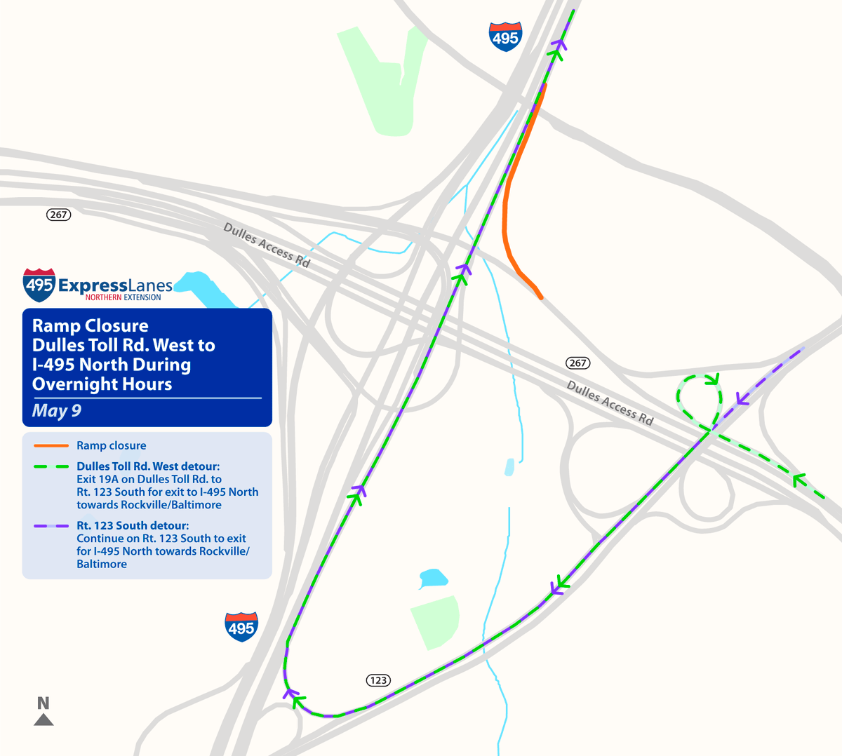 🚧Traffic Alert - #Tysons: Double lane closure on NB I-495 and ramp closure from WB Dulles Toll Road to NB I-495 scheduled tonight, May 9. #495NEXT #VaTraffic