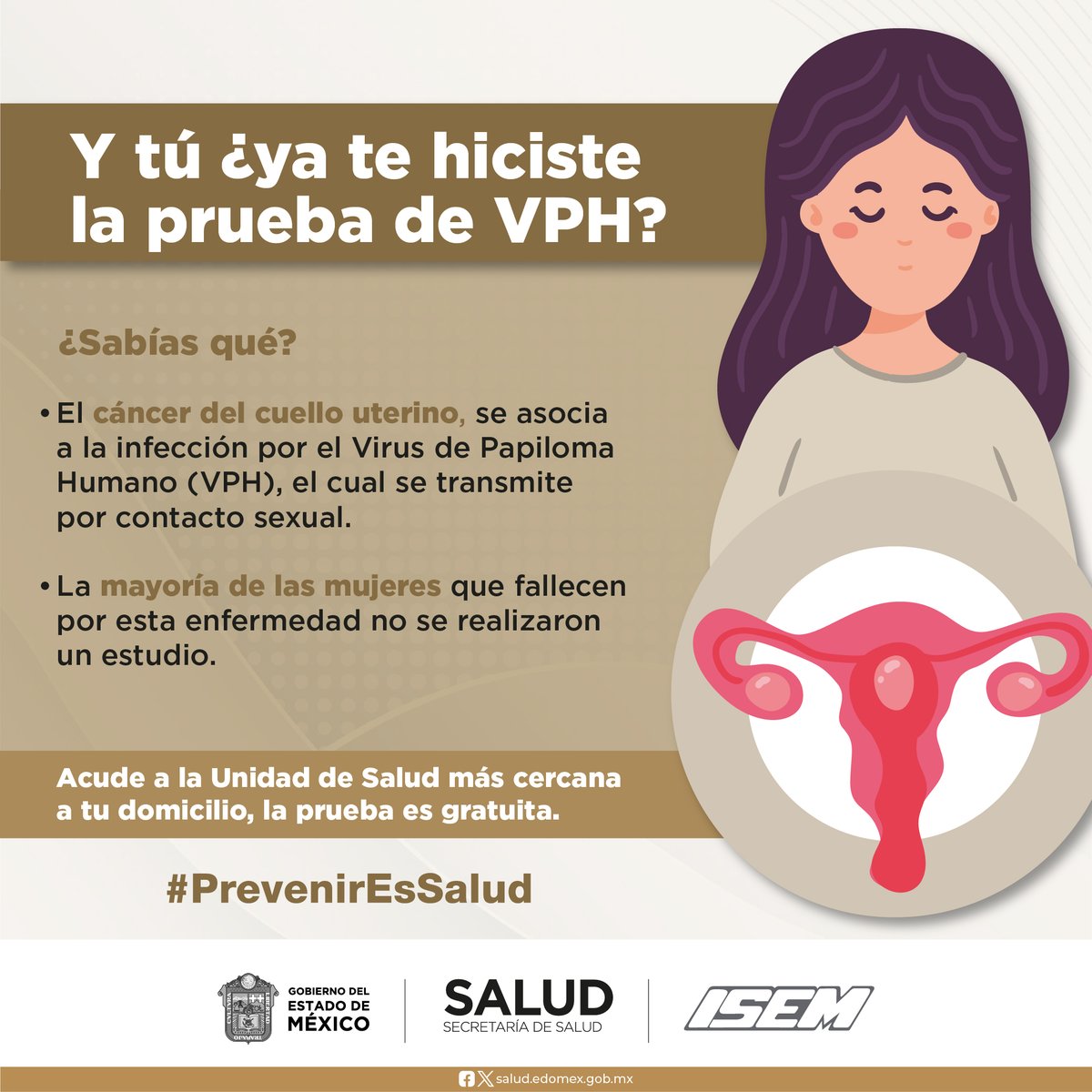 Existen múltiples factores de riesgo para desarrollar #CáncerDeCuelloUterino, realízate una prueba de detección del Virus del Papiloma Humano #VPH, si se detecta a tiempo puede ser curable.
#PrevenirEsSalud