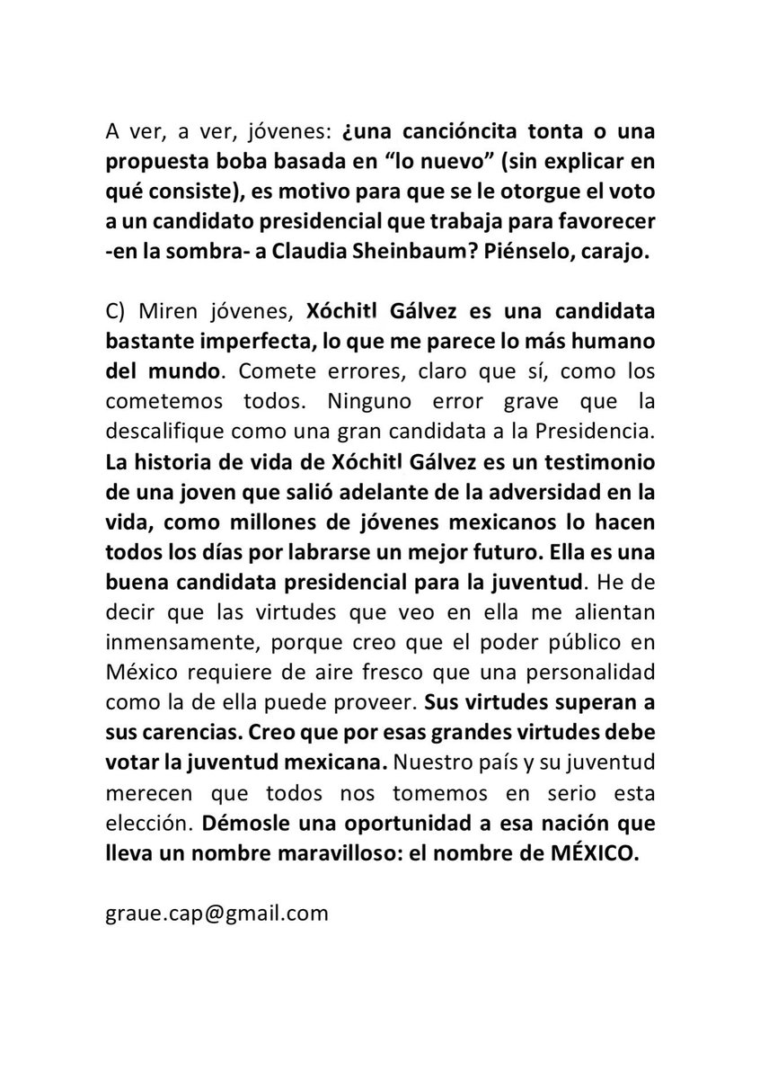 @ferbelaunzaran @Claudiashein @XochitlGalvez @STaboadaMx CARTA A LOS CHAVOS DE MÉXICO