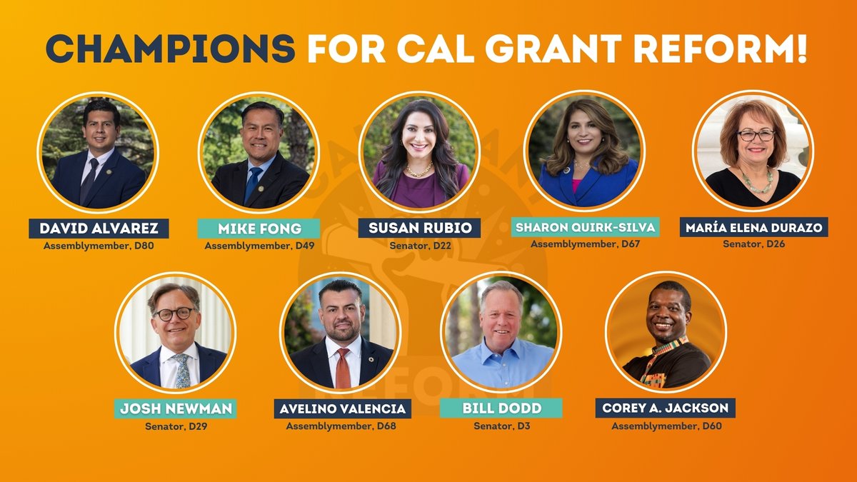As members of the Cal Grant Reform Coalition, we would like to thank Assemblymembers & Senators for their support of #CalGrantReform. Each week we’ll uplift officials that are working to uphold the promise of a better and more equitable #CalGrant Program. #CalGrantChampions