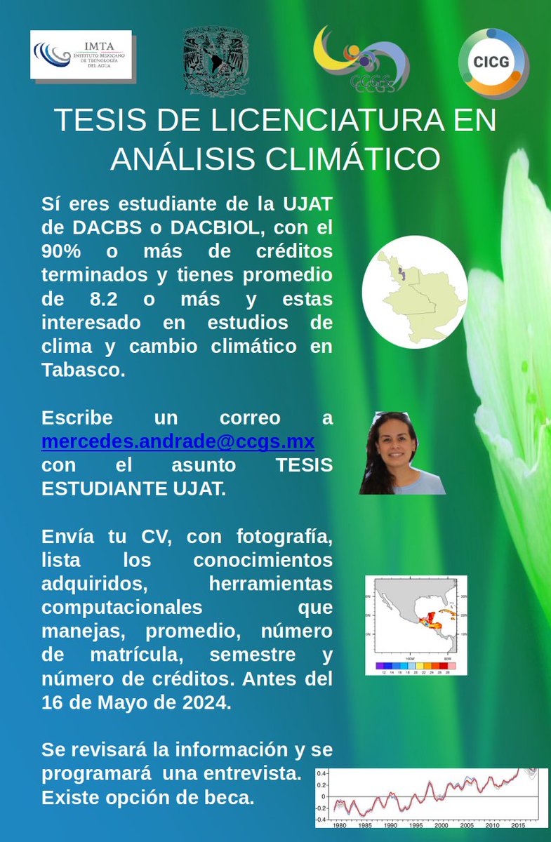 El Programa IV del CCGS convoca a participar a estudiantes para realizar su tesis o artículo de titulación en la línea de Clima y Cambio Climático en Socioecosistemas, para más detalle revisar la imagen adjunta. IMPORTANTE fecha límite 16 de MAYO.