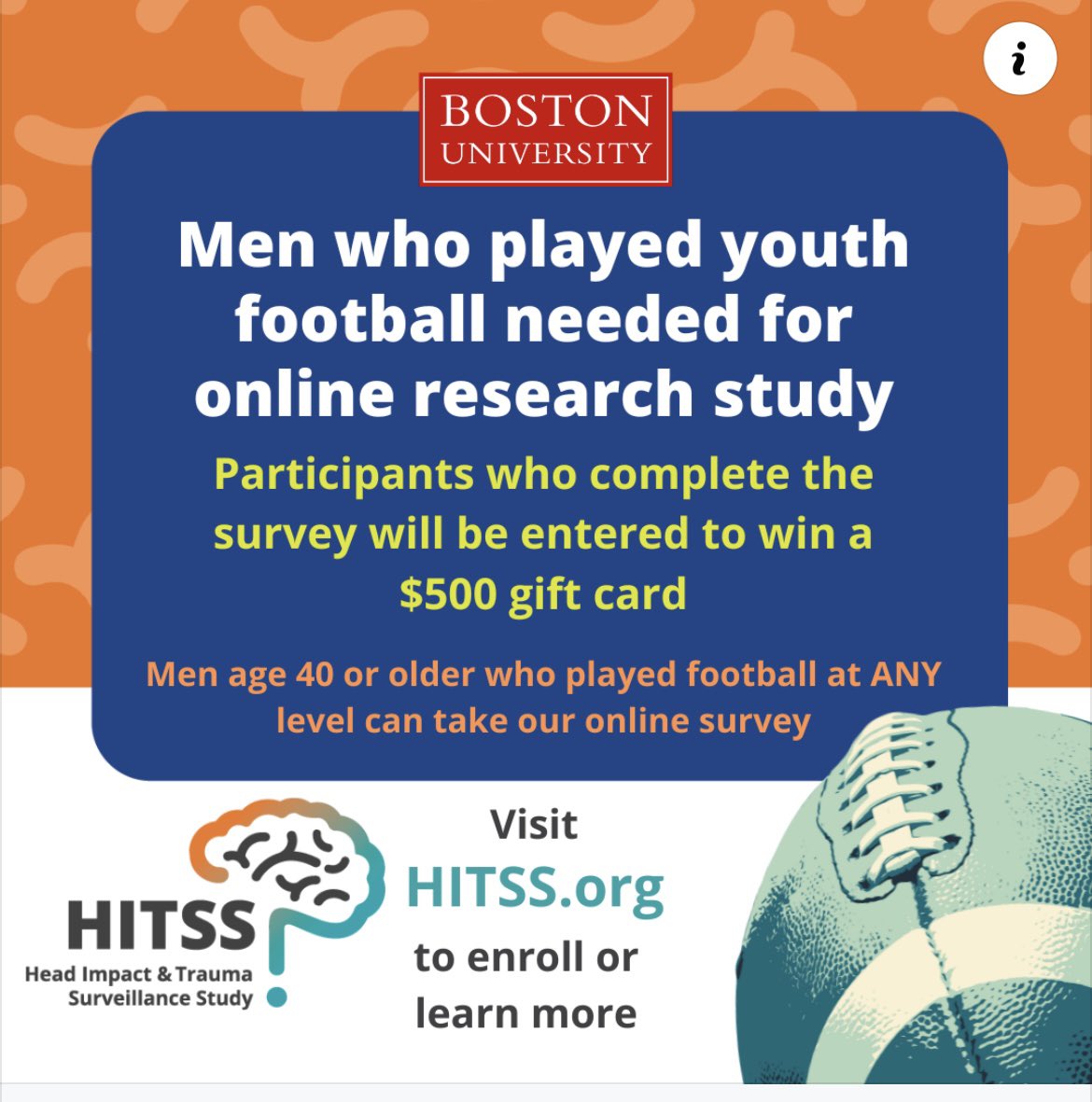 Did you play Pop Warner or pee-wee football? We are urgently looking for men 40+ who played youth 🏈 but not in high school, to take an online survey so that we can learn more about later-life brain health risks from head impacts in contact sports. Enroll HITSS.org