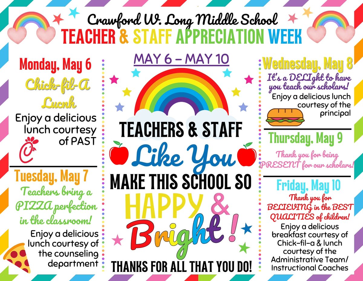 We have been over the 🌈 for our 🐯 Teachers & Staff this week to celebrate #TeacherAppreciationWeek! Thank you to all our community partners for helping us celebrate them! #AtlantaPublicSchools #theLONGway #TigerPride @LongPrincipalMM @drkalag @WilhelminaRegi3 @PalmerZenovia