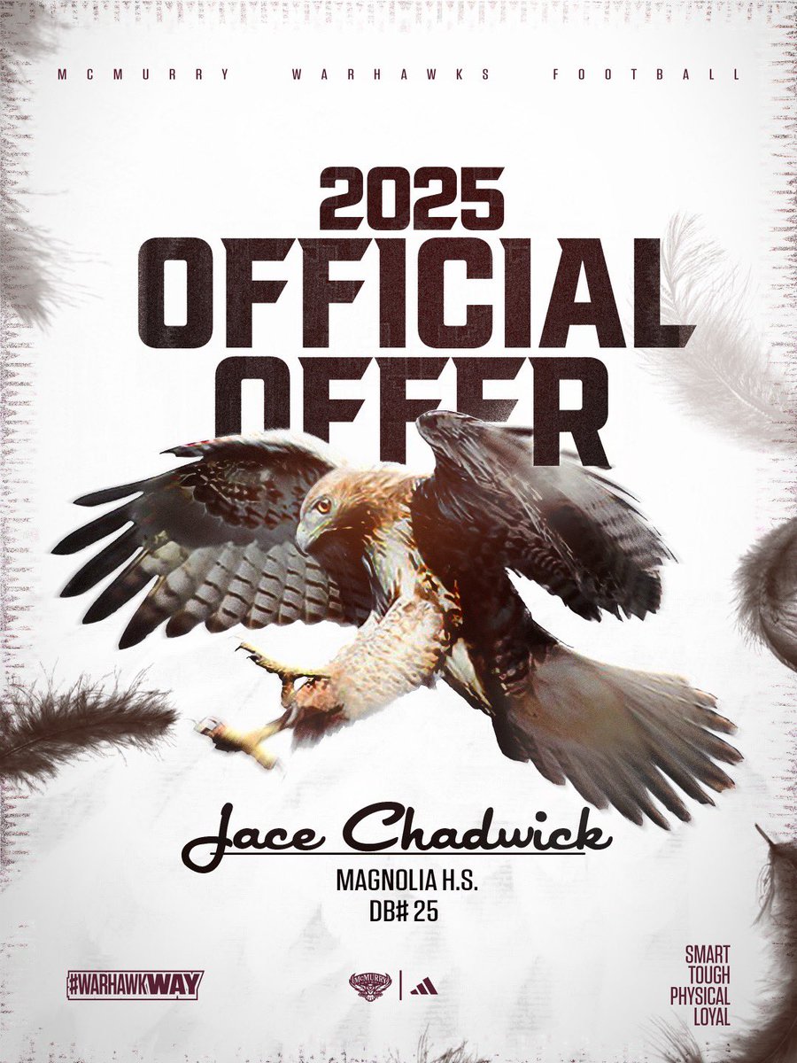 Jace Chadwick (@jacechadwick17) on Twitter photo After a great talk with <a href="/Coach_Watkins33/">Broc Watkins</a> , I have been blessed to receive my first offer from McMurry University!!
<a href="/McMURRYFOOTBALL/">McMURRY FOOTBALL</a> <a href="/CoachMartin_18/">Craig Martin</a> <a href="/mcneill_josh/">Josh McNeill</a> <a href="/CoachBlackshire/">Tyler Blackshire M.Ed.</a> <a href="/NopeDBacademy/">Nope Defensive Back Training</a> After a great talk with <a href="/Coach_Watkins33/">Broc Watkins</a> , I have been blessed to receive my first offer from McMurry University!!
<a href="/McMURRYFOOTBALL/">McMURRY FOOTBALL</a> <a href="/CoachMartin_18/">Craig Martin</a> <a href="/mcneill_josh/">Josh McNeill</a> <a href="/CoachBlackshire/">Tyler Blackshire M.Ed.</a> <a href="/NopeDBacademy/">Nope Defensive Back Training</a>