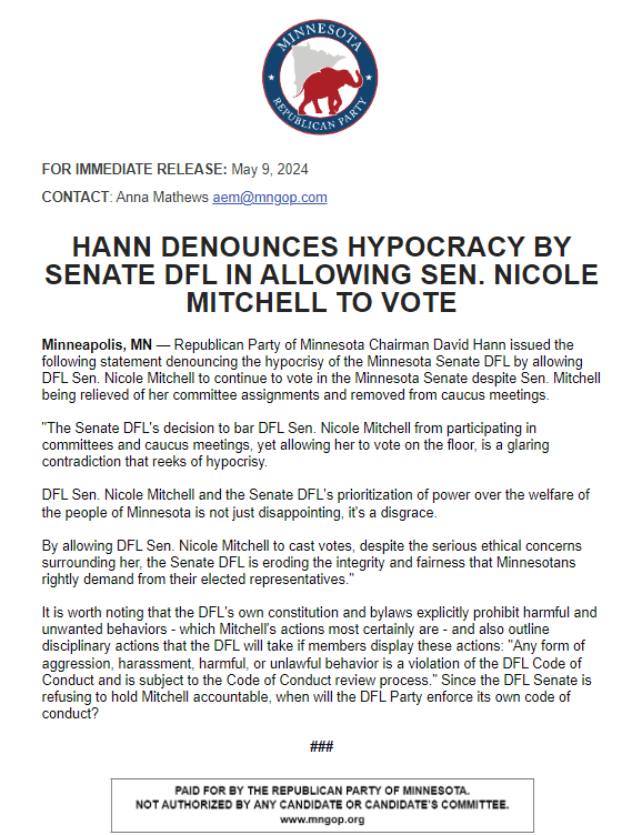 Since the @SenateDFL is refusing to hold Sen. Nicole Mitchell accountable, when will the @MinnesotaDFL enforce its own code of conduct? conta.cc/4bwMiNq