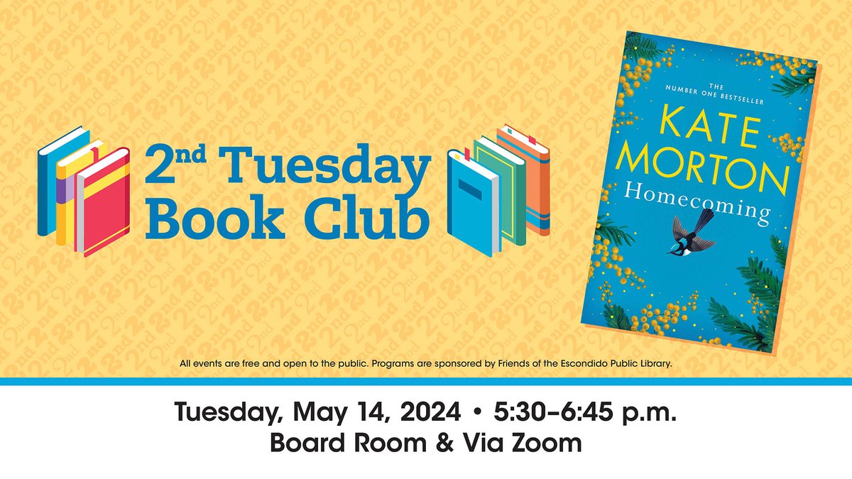 Escondido Library (@escolibrary) on Twitter photo Join us for the next 2nd Tuesday Book Club meeting on May 14, 5:30 to 6:45 p.m. on Zoom and upstairs in the Board Room!
Email Diamond.Taranto@escondidolibrary.org for more info.
#bookclub #escolibrary #discussion #library #fiction #homecoming #katemorton Join us for the next 2nd Tuesday Book Club meeting on May 14, 5:30 to 6:45 p.m. on Zoom and upstairs in the Board Room!
Email Diamond.Taranto@escondidolibrary.org for more info.
#bookclub #escolibrary #discussion #library #fiction #homecoming #katemorton