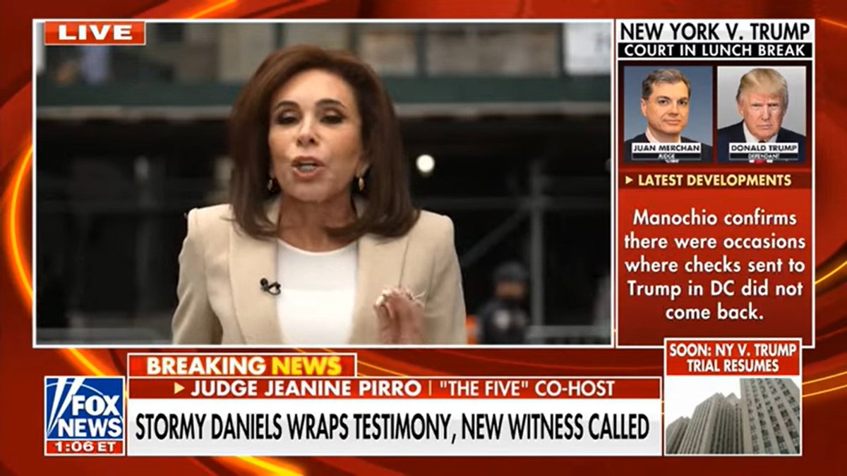Defense gave examples, STORMY DANIELS 'dog in this race is a million dollars and the Horny American Tour, the interviews, and the NonDisclosure, this woman is a nothing but make money except for the day she met Donald Trump' explains Judge Jeanine Pirro after STORMY's testimony.