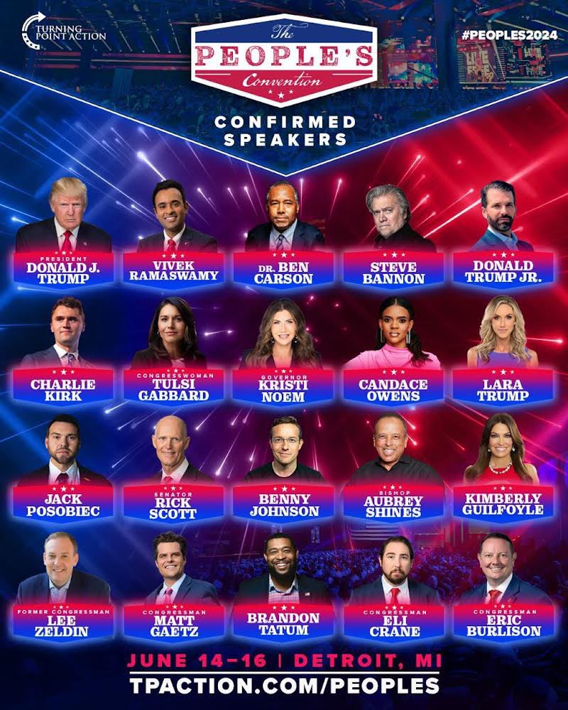 Hey folks! Turning Point Action is hosting our MASSIVE People’s Convention in Detroit this June 14-16 Thousands of patriots will be in attendance and we have an incredible speaking roster including President Trump and many others! Check out tpaction.com/actcon to register!