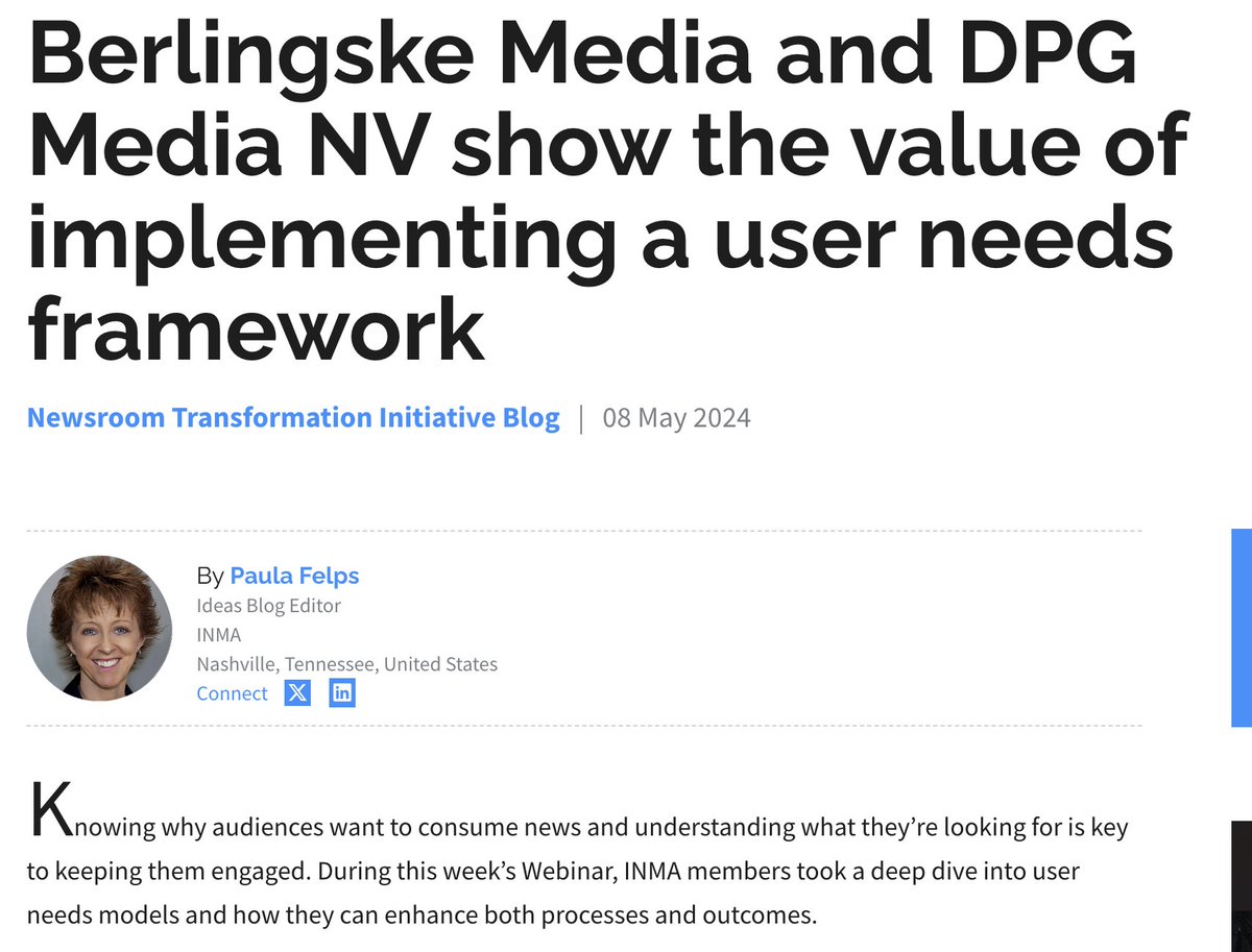 During this week’s Webinar, @ProductsinPub of Berlingske Media and Roy Wassink of DPG Media NV told INMA members how user needs models have helped improve their processes and outcomes. ow.ly/C8Nw50RA1Sw