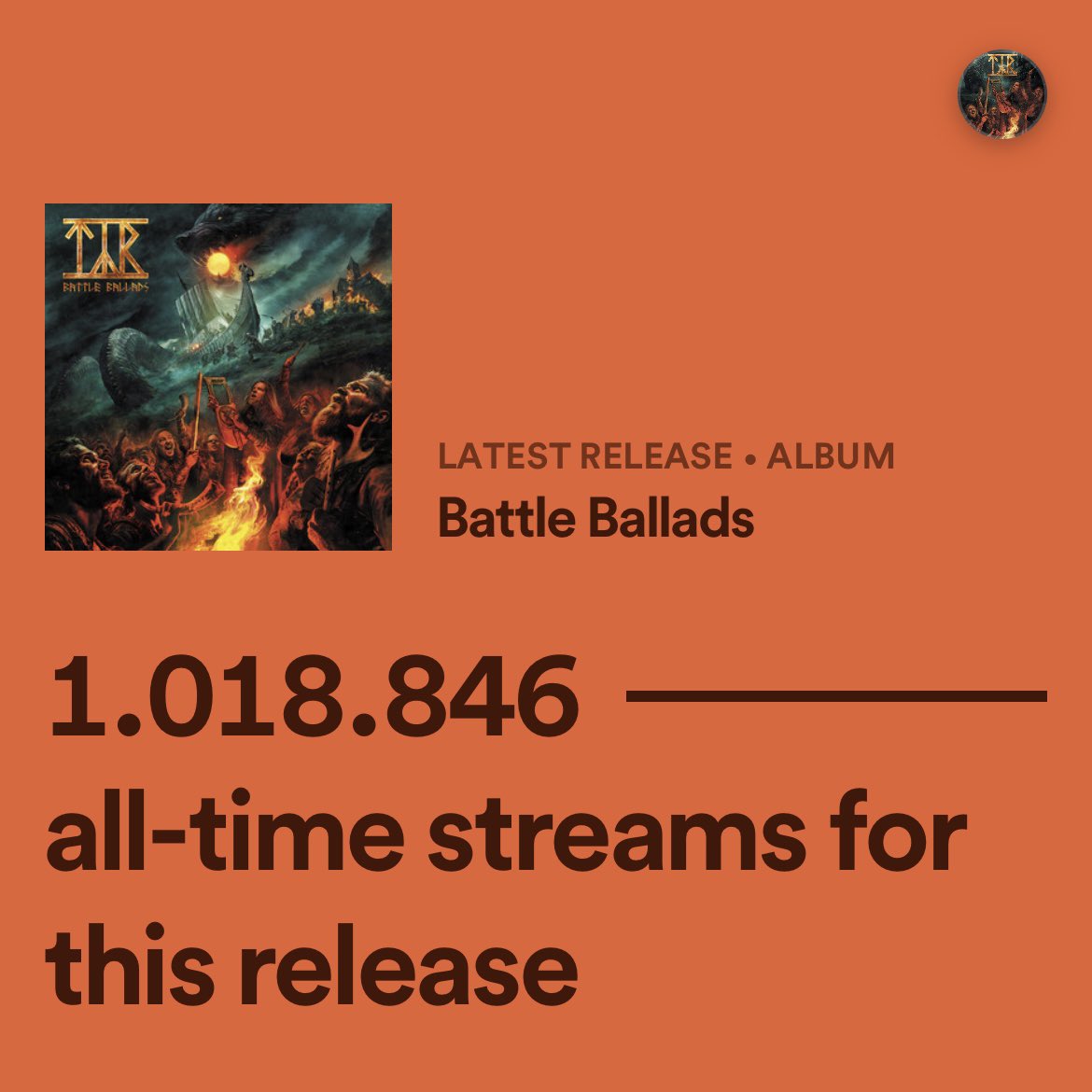 Our new album, BATTLE BALLADS got a million streams on Spotify 27 days after the release. Thank you, all, for listening 🤘🏻😎🖤🎵🎶