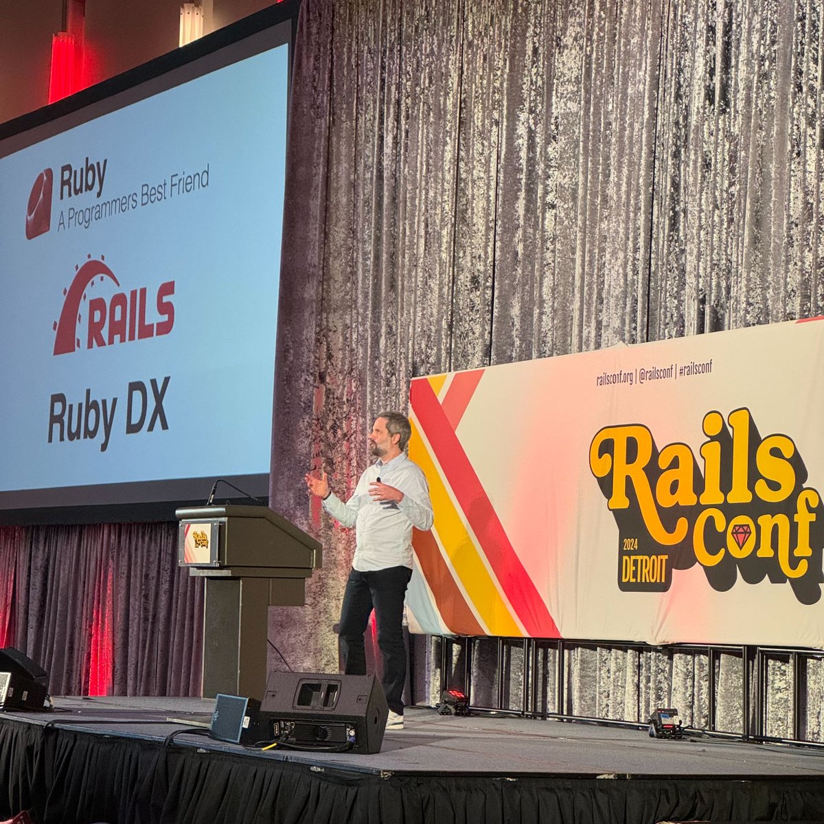 We now have @tenderlove closing #RailsConf2024, sharing performance and development improvements in Ruby and Rails, giving it back to this wonderful community. Thanks for all of the conversations and hacking over the past few days!