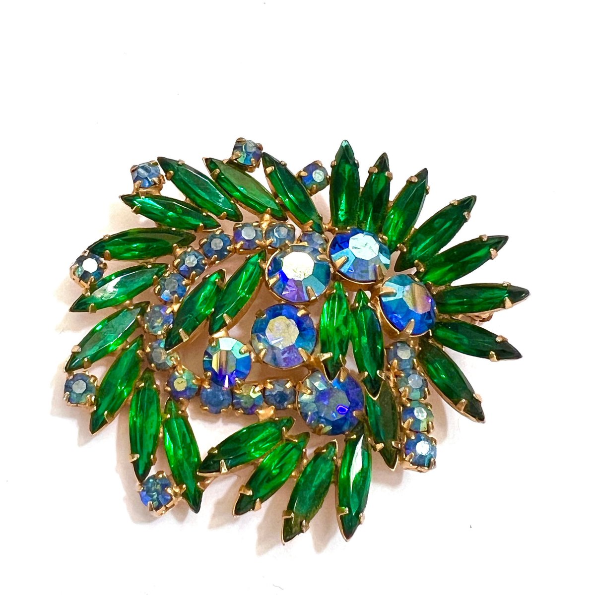 Large Juliana Green & Blue Rhinestone Brooch Floral Spray Emerald Green Navettes Blue Chaton Accents Gift for Her #JulianaBrooch #LargeJuliana $130.00 ➤ etsy.com/listing/171357…