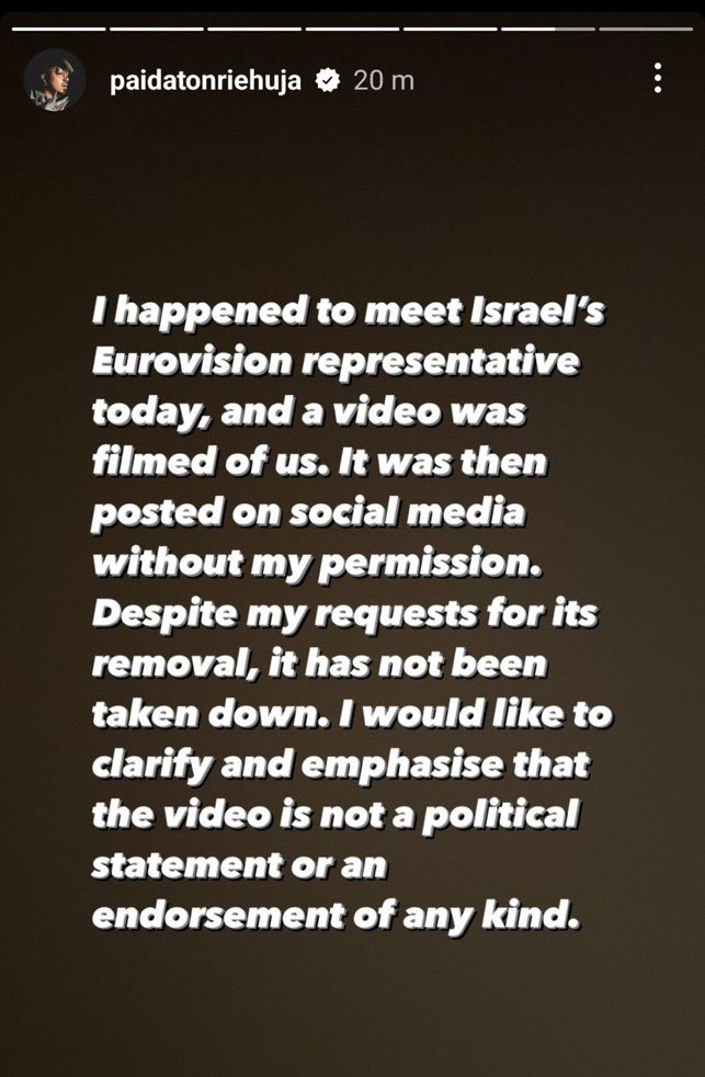 This is the level of dehumanization and hatred that is happening now.

He literally apologizes and explains why he dared to smile and dance next to the Israeli candidate, the same candidate who needs a 100+ security guards around her so that terrorists don't kill her.

shameful.