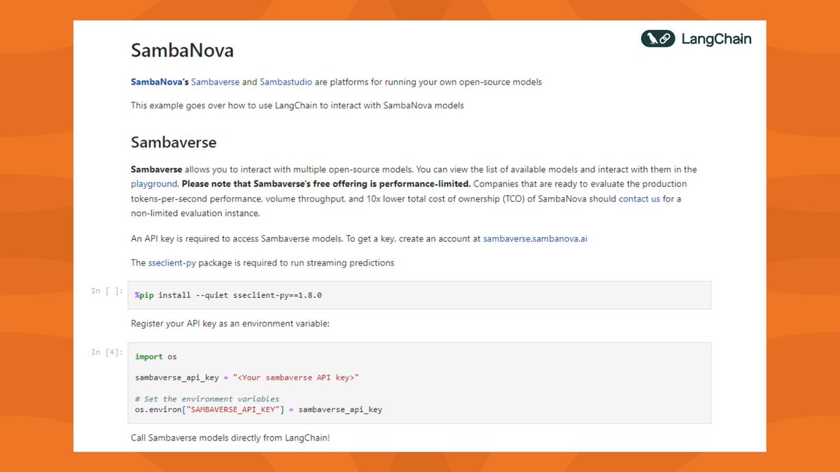 🚀 Developer Update! 🚀 #SambaNova LLM integration is now available in @LangChainAI GitHub! Seamlessly explore SambaNova's LLMs (like CoE), and set up your own rate-limited free endpoints on SambaVerse. Try it now: github.com/langchain-ai/l… #AI #DeveloperTools #EnterpriseAI