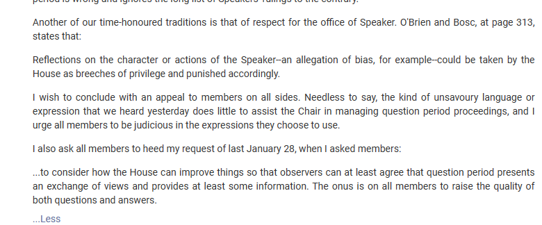 It really doesn't matter what @RachaelThomasMP or Andrew Scheer says. 
Being disrespectful to the chair is not tolerated as per Scheer's words below when he was Speaker. 
Why did you repeat the 'disgraceful' comment after being asked to withdraw Rachael?
#cdnpoli #cdnmedia