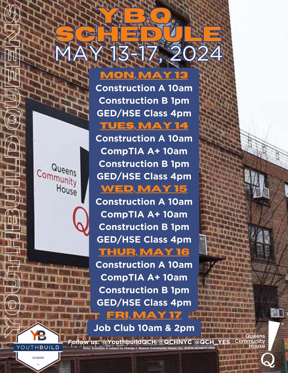 Our YBQ program schedule for the week of May 13-17, 2024. All programming will be at the Pomonok Community Ctr. Want to sign up for our programs? Click the link in our bio. @qchnyc #youthbuildqch