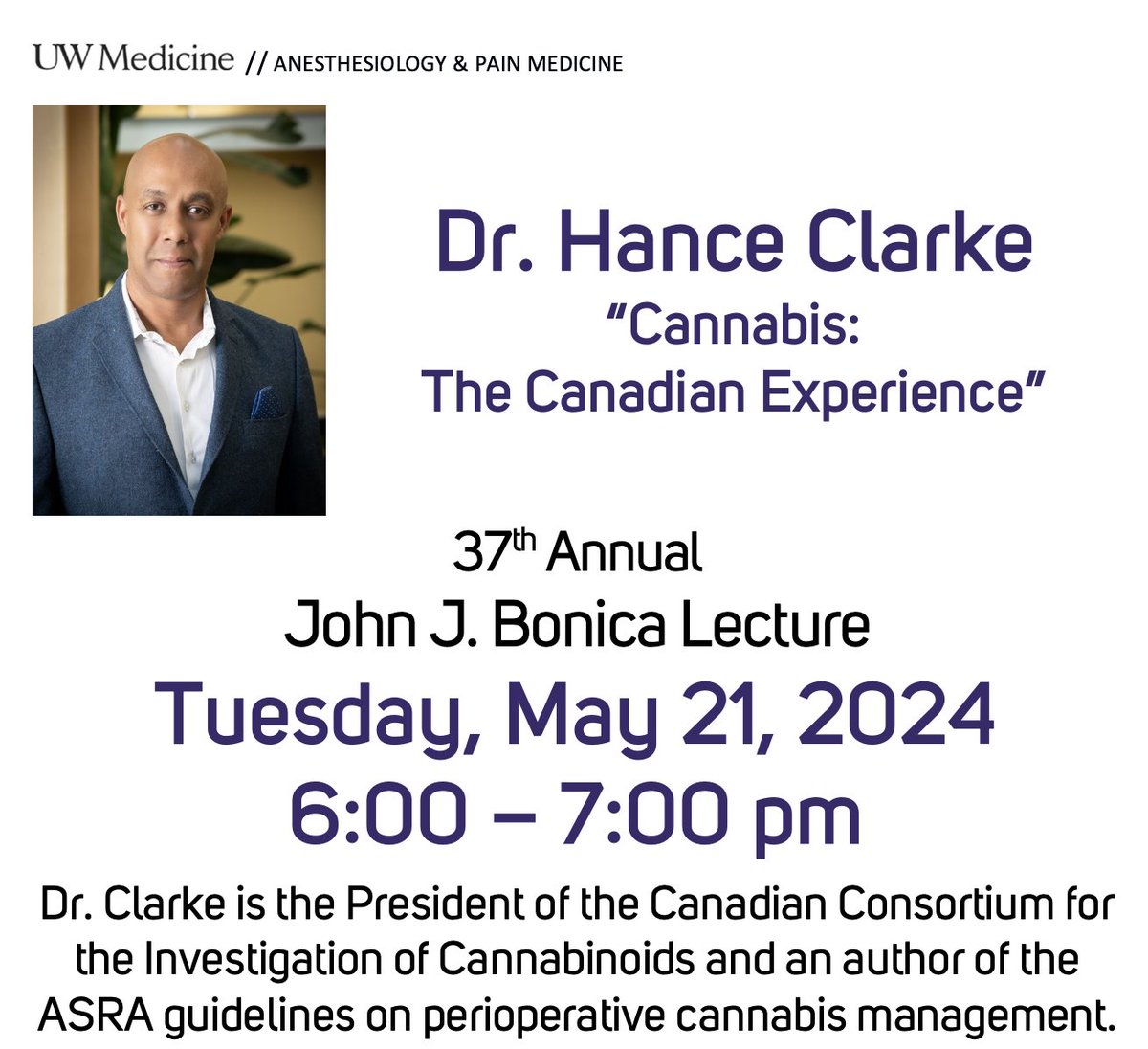 We are excited @UWAnesthPainMed to welcome our 2024 Bonica lecturer Dr. Hance Clarke @Drhaclarke @UofTanesthesia @ccictweeter - an international expert in perioperative #pain & a dynamic and transformational leader. Looking forward to his lecture on May 21st @UWMedicine.