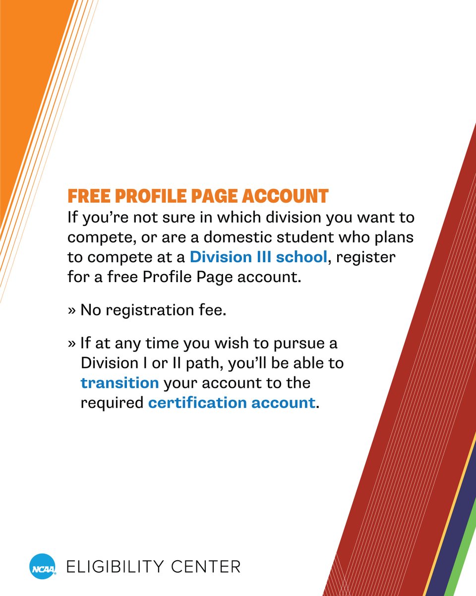 Unsure if you want to compete at the @NCAA DI, @NCAADII or @NCAADIII level? Register for a free Profile Page account. If at any time you wish to pursue a DI or II path, transition your account to the required certification account. 🔗 on.ncaa.com/PPAcct