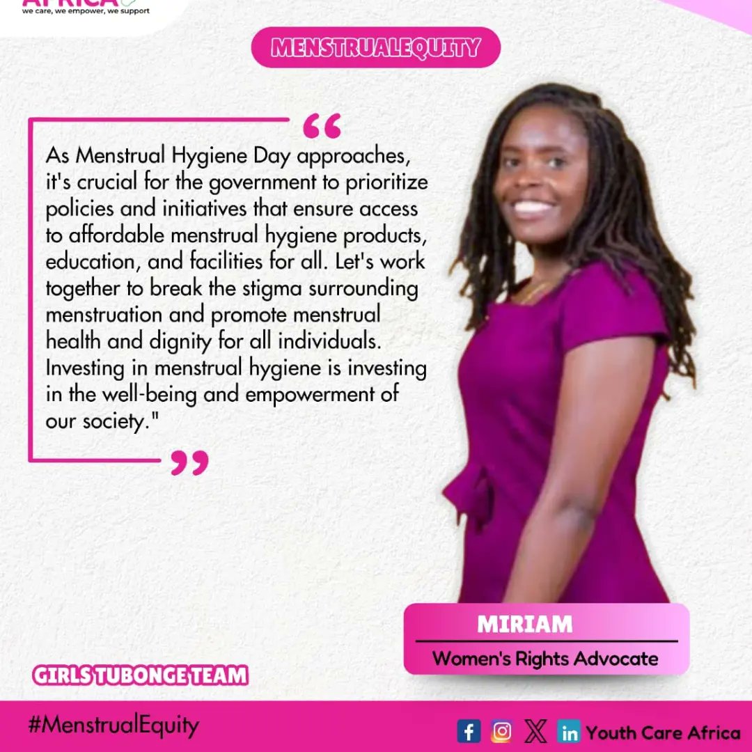 GIRLS TUBONGE TEAM: our girls continue to share their thoughts about the coming menstrual hygiene day. They amplify their voices to different stakeholders on what they think should be done to promote menstrual equity 
 #menstrualequity