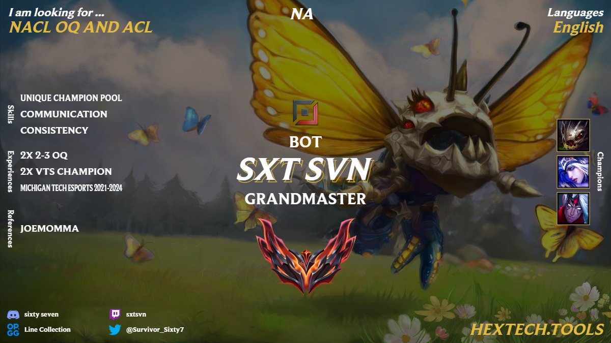 Started my role swap process ending GM in my month and a half since I started playing ADC, looking mostly for a substitute position while I flesh out my play in this role and hit challenger. LFT for ACL/Summer OQ