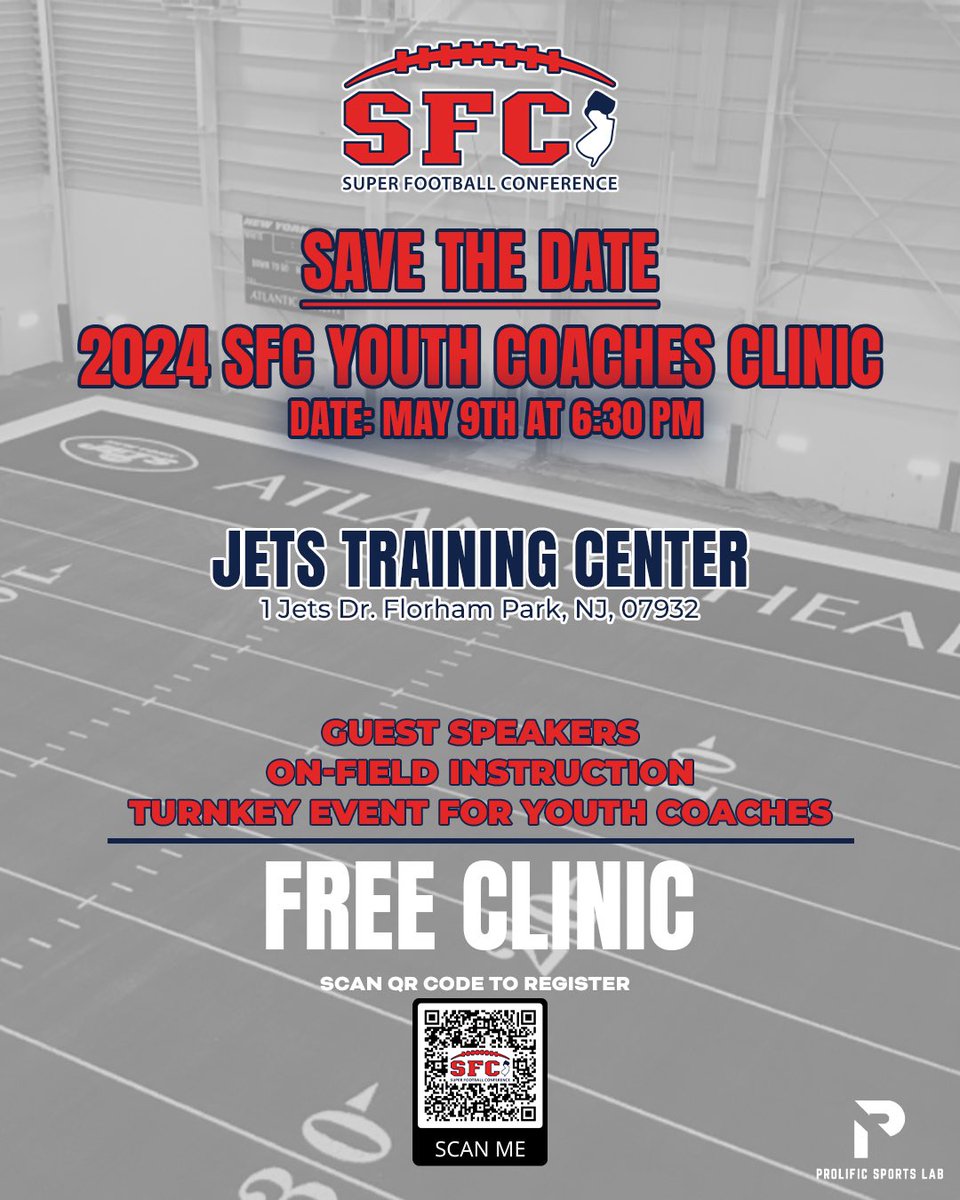 🚨Today is the day!!🚨 Join us at the Jets Training Center at 6:30 pm tonight for the annual SFC Youth Coaches Clinic! See you there #SFC