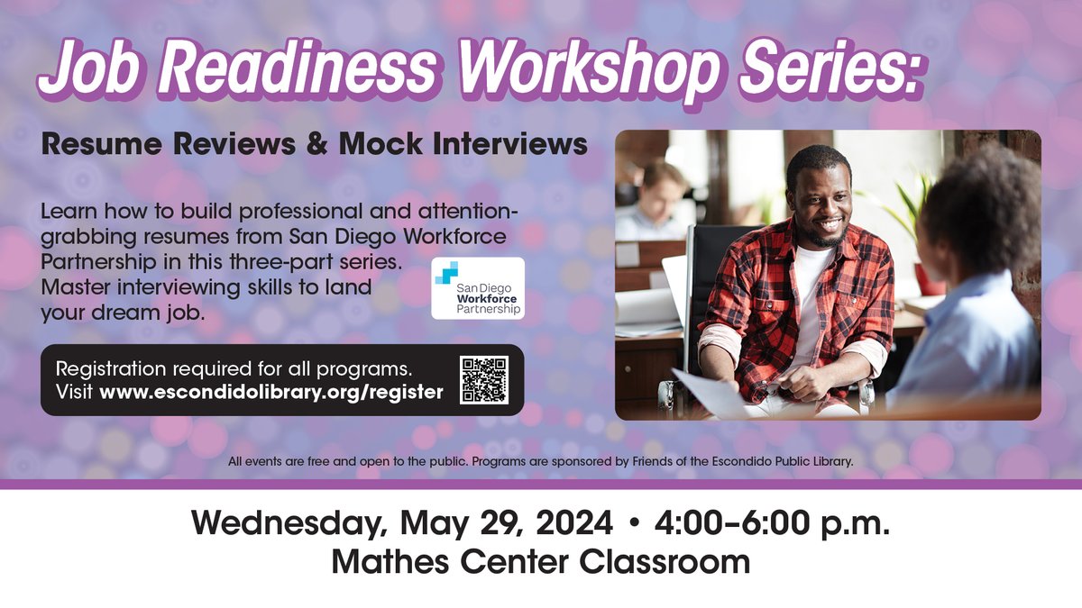 Escondido Library (@escolibrary) on Twitter photo Learn how to build professional and attention-grabbing resumes from <a href="/sdworkforce/">Workforce Partnership</a> in this three-part series. Master interviewing skills to land your dream job. Register free here: escondido.libcal.com/event/12098987
#jobreadiness #resumehelp #resumes #gettingajob #jobinterviewhelp Learn how to build professional and attention-grabbing resumes from <a href="/sdworkforce/">Workforce Partnership</a> in this three-part series. Master interviewing skills to land your dream job. Register free here: escondido.libcal.com/event/12098987
#jobreadiness #resumehelp #resumes #gettingajob #jobinterviewhelp