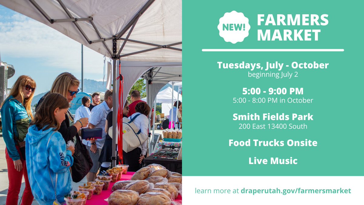 Announcing a NEW Draper Farmers Market! Enjoy listening to local musicians as you shop for your favorite essentials! This market will have food trucks on site so it will replace the Food Truck Night at Ballard Arena. Learn more at draperutah.gov/farmersmarket