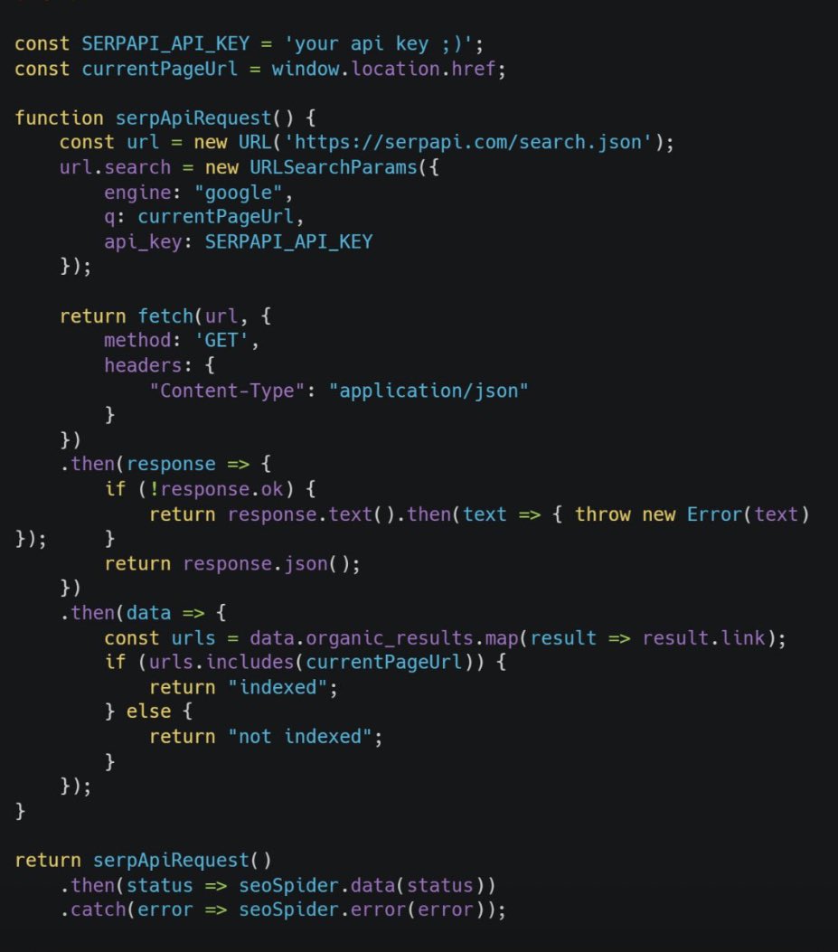 Un script à ajouter sur Screaming Frog qui utilise SERPApi pour vérifier si votre page est indexée ou non. 

Source : linkedin.com/posts/marco-ia…