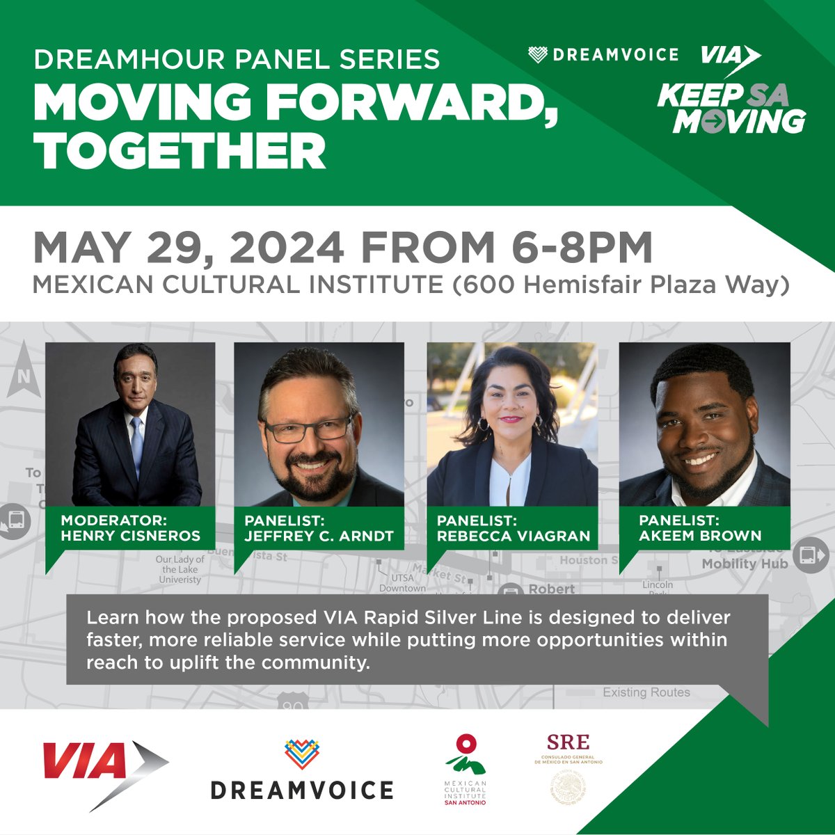 Save the Date! Join VIA and @DreamWeekSA on Wednesday, May 29, from 6 p.m. to 8 p.m. at the Mexican Cultural Institute for the DreamHour Panel Series: Moving Forward, Together! The event is free and open to the public. 🌟 Learn more at KeepSAmoving.com.