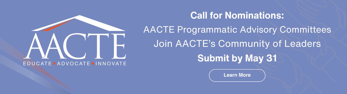 AACTE is seeking nominations for its Programmatic Advisory Committees. Serving on these committees allows educators to advocate for educator preparation initiatives and more. Members are encouraged to self-nominate or nominate a colleague by May 31. tinyurl.com/2nb2dm65