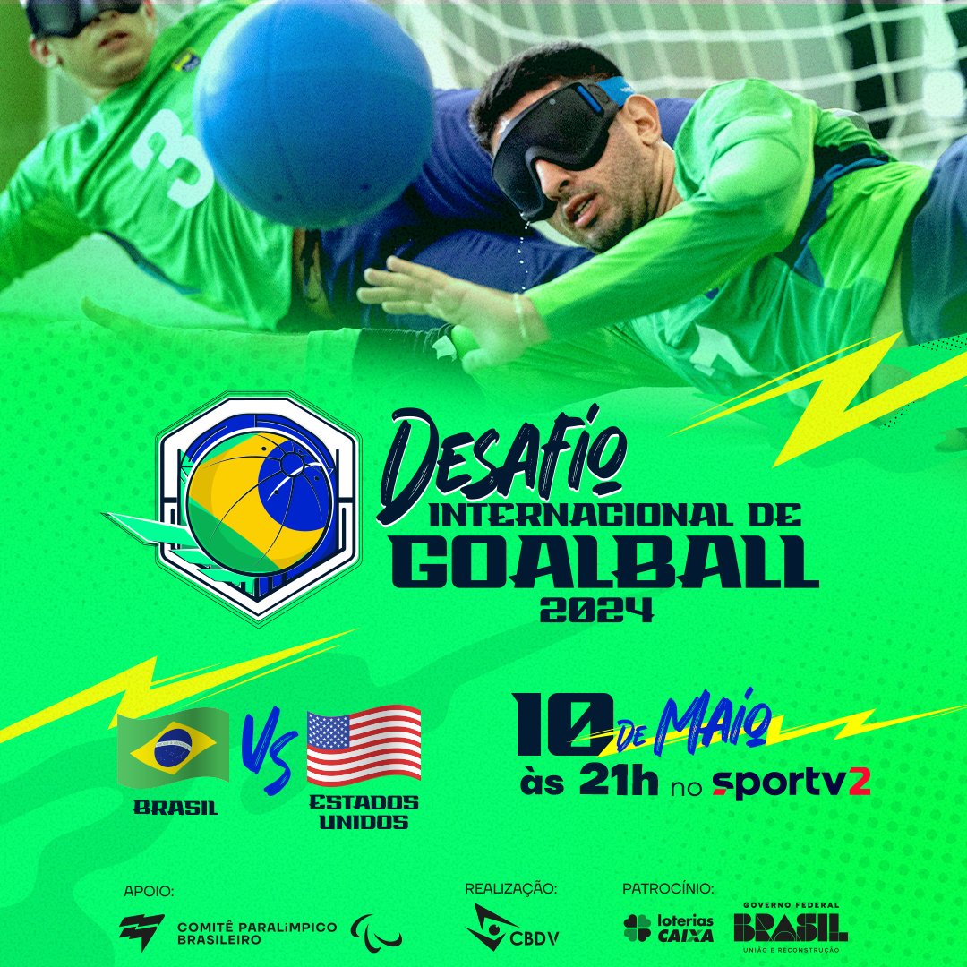 É amanhã! O Brasil 🇧🇷 enfrentará o Estados Unidos 🇺🇸, no Desafio Internacional de goalball. 🔵 Assista ao vivo, a partir das 21h, no @sportv 2, ou sinta a emoção de uma partida no CT Paralímpico, em São Paulo. 😉 x.gd/Ollmn @cbdvoficial #LoteriasCaixa