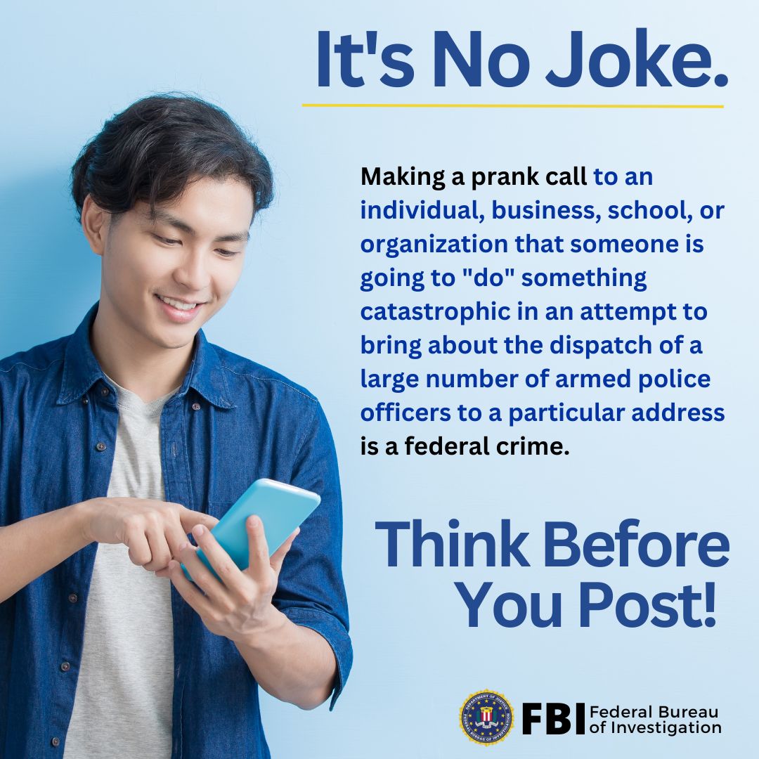 Don't try to get out of #FinalsWeek by posting hoax threats. It's not a joke. The #FBI and our partners follow up on every tip we receive from the public and analyze and investigate all threats. Immediately dial 911 or 1-800-CALL-FBI to report this crime. #ThinkBeforeYouPost