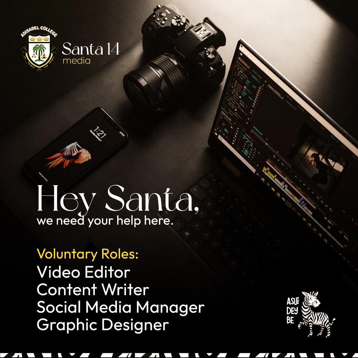 Adisadel14's tweet photo. Calling all Santa '14  Your alma mater needs your talents. Are you a whiz at video editing, writing, social media or graphic design? Join us in giving back and making a difference. Others have labored and we share the glory ours to do is exploit and add to their gains. 
#UpSanta https://t.co/OTDfc3S56b