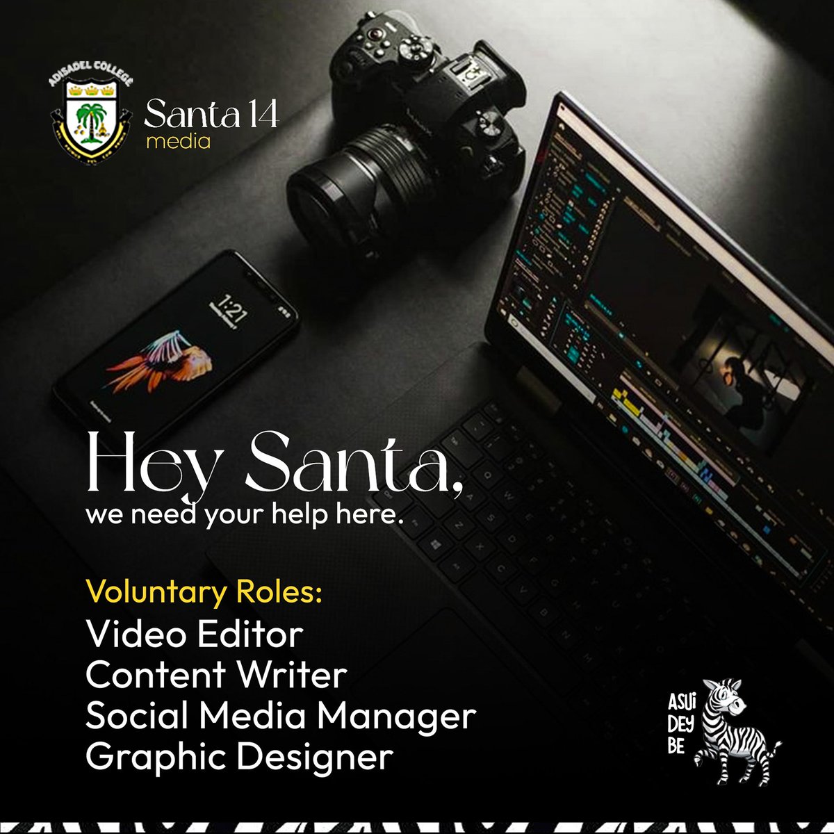 Adisadel14's tweet photo. Calling all Santa '14  Your alma mater needs your talents. Are you a whiz at video editing, writing, social media or graphic design? Join us in giving back and making a difference. Others have labored and we share the glory ours to do is exploit and add to their gains. 
#UpSanta https://t.co/OTDfc3S56b