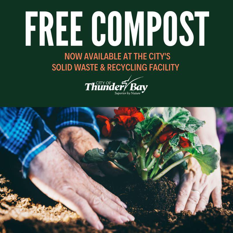 Free compost now available at the Solid Waste & Recycling Facility for landscaping, flower beds, lawns. Pick-up area is on John Street Road (between Mapleward & Gratton). Compost pick-up hours: M-F 8:30 am - 5 pm, Saturdays 8:30 am - 4 pm. Info: thunderbay.ca/en/news/free-c…