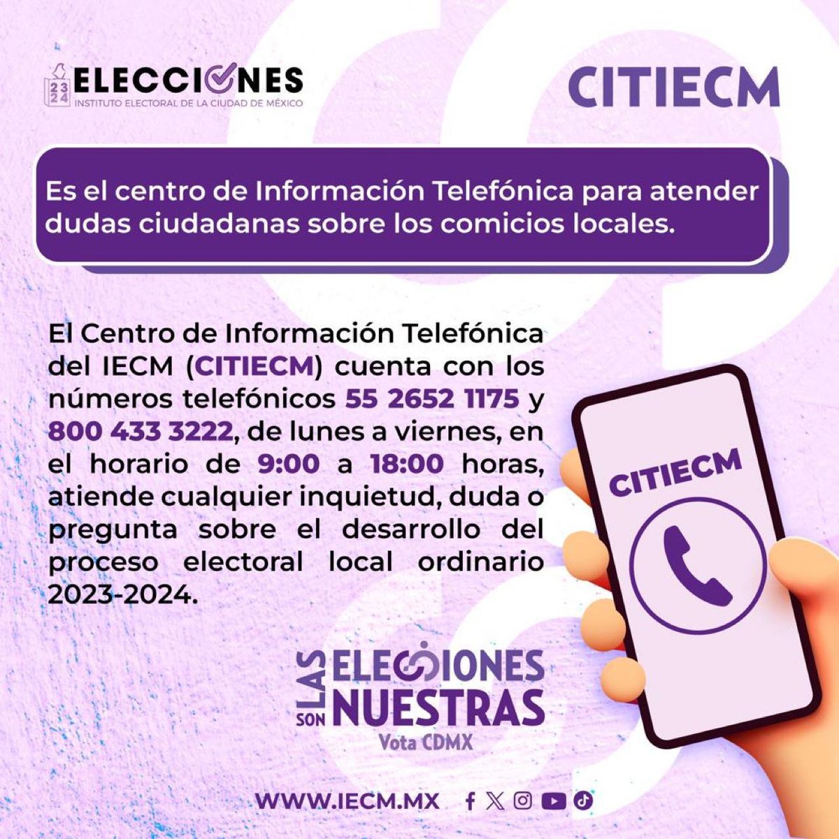 👉 ¿Tienes dudas sobre las elecciones en la #CDMX? 🗨️ El @IECM implementa el Centro de Información Telefónica en donde se responderá cualquier duda sobre las #EleccionesMX24 del próximo 2 de junio. ☎️ Llama a los teléfonos: 55 2652-1175 y 800 433-3222.