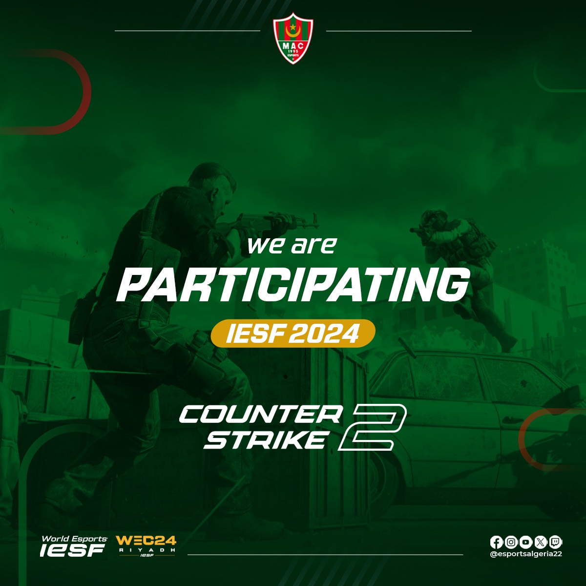 Our selected team will be facing off in epic friendlies as part of the WEC lead-up. Stay tuned
to find out who they are and who they'll be playing against! 🚀
سيلعب فريقنا مباريات ودية كجزء من التحضير لبطولة WEC. ترقبوا المزيد لمعرفة الفريق وخصومهم! 
#WEC2024 #IESFWEC #CS2 #dz