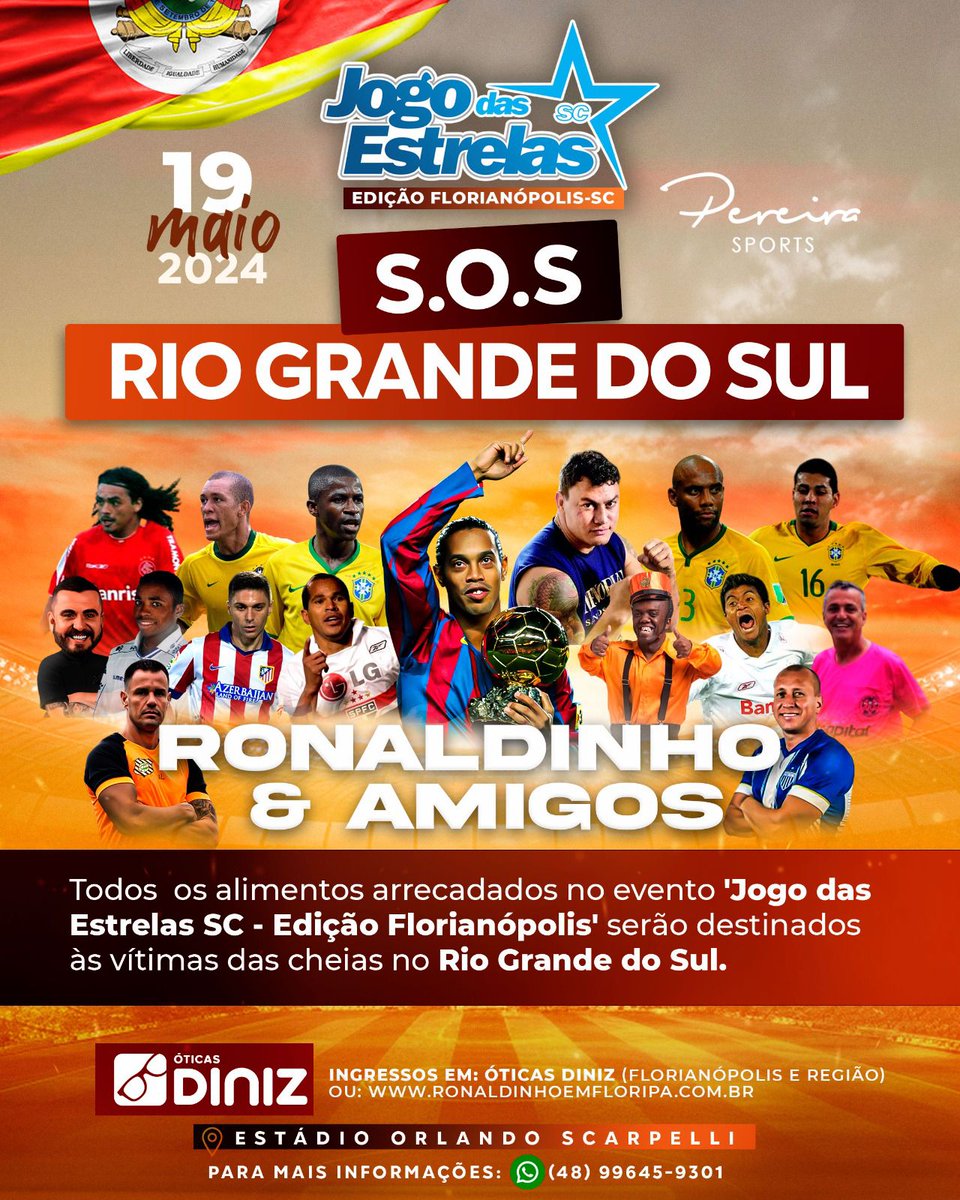 Atenção galera de Santa Catarina!!! Na próxima semana, 19/05, teremos uma edição especial do Jogo das Estrelas, em Florianópolis. Como todos sabem, temos muitas famílias precisando da nossa ajuda e apoio no Rio Grande do Sul. Por isso, todos os alimentos arrecadados no jogo serão