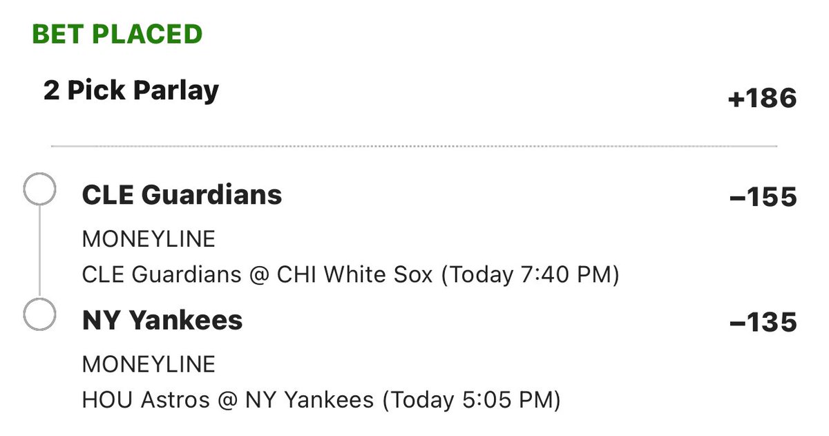 DaileyPicks's tweet image. 💎⚾️ 5/9 MLB Dailey Picks ⚾️💎

2 Pick: +186 📈

Guardians -155
Yankees -135 

Got them both as singles too 🔥

#MLB #MLBCentral #MLBB #GamblingX