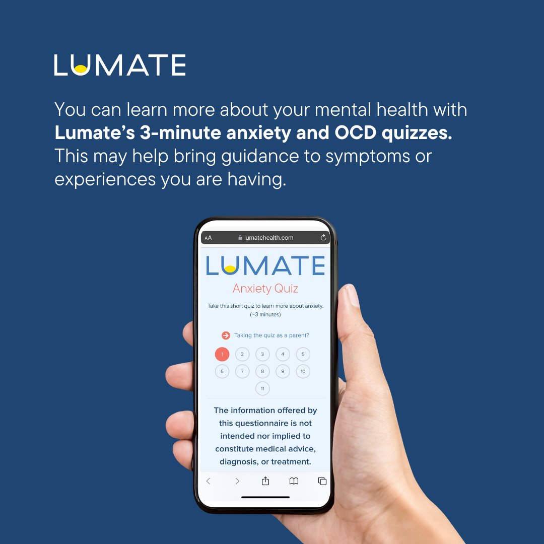 lumatehealth's tweet image. May #MentalHealthAwareness month. It&apos;s important to educate yourself on mental health, what it means, and to be aware of symptoms you may be having. Take our short anxiety and OCD quiz at go.lumatehealth.com/3wErdBA to learn more. #LiveBravely