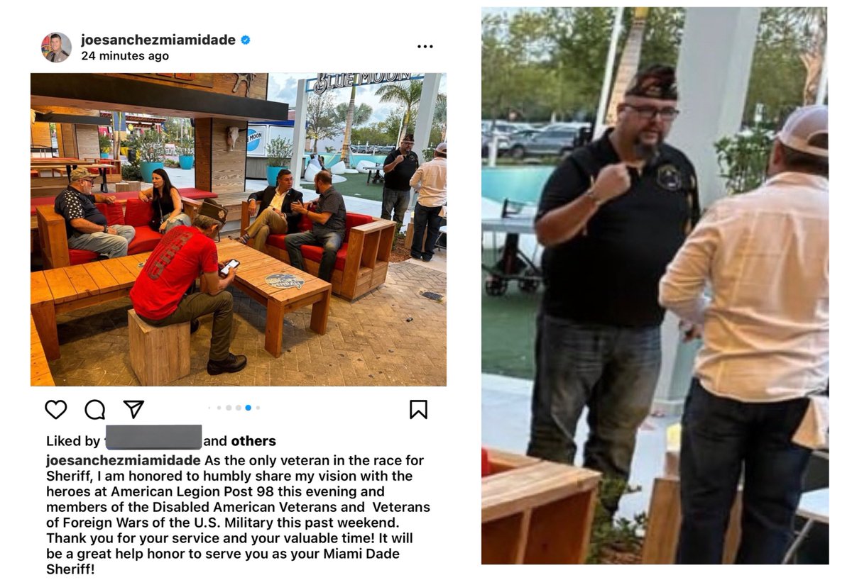 NEW: Did Miami-Dade Sheriff candidate Joe Sanchez @Sanchez4miami meet with a member of the Miami Proud Boys at an American Legion Post 98 campaign event this past weekend?

Long time PB Oswaldo “Ozzy” Perez appears in this deleted Instagram post from last night. 1/🧵