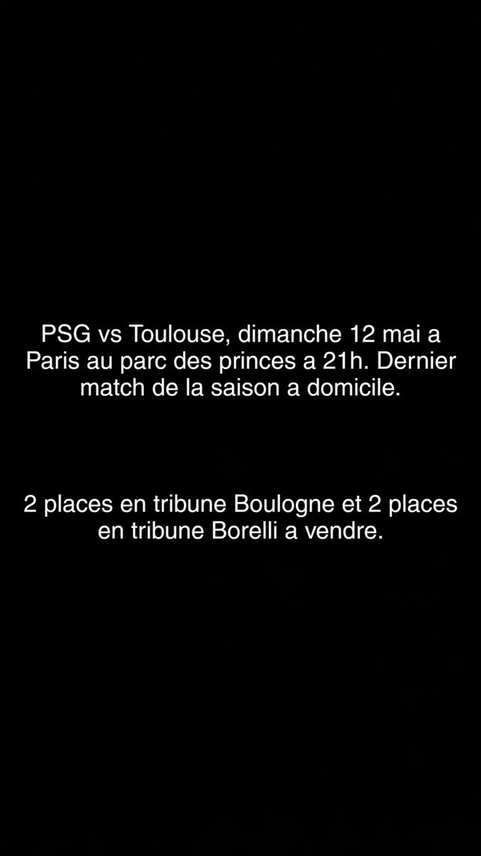 Places a vendre pour PSG vs Toulouse au parc des princes à Paris pour dimanche 12 mai 2024 a 21h
#PSG #Paris #ParisSG #ParisSaintGermain #Toulouse #PSGtoulouse #PSGvsToulouse #PSGTFC #PSGvsTFC #France #Ligue1 #L1 #ParcDesPrinces #Boulogne #Borelli #TribuneBoulogne #TribuneBorelli