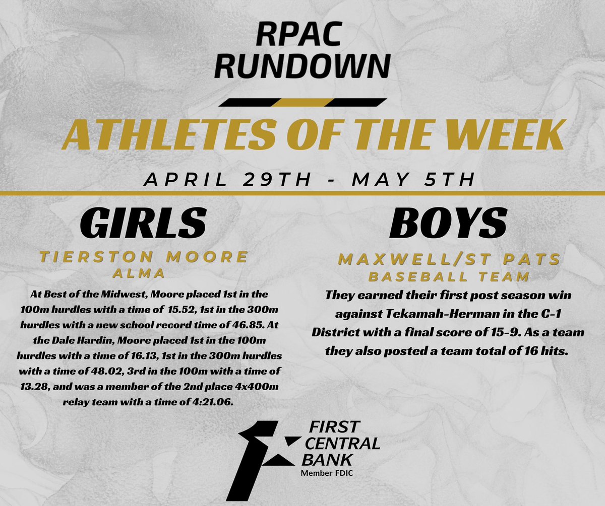🟡Congrats to our Athletes of the Week for April 29th-May 5th!⚫ Athlete of the Week is brought to you by First Central Bank/First Central Bank McCook! To check out past winners from this spring season check out the blog here: rpacrundown.com/post/2024-spri… #nebpreps #rpacrundown…