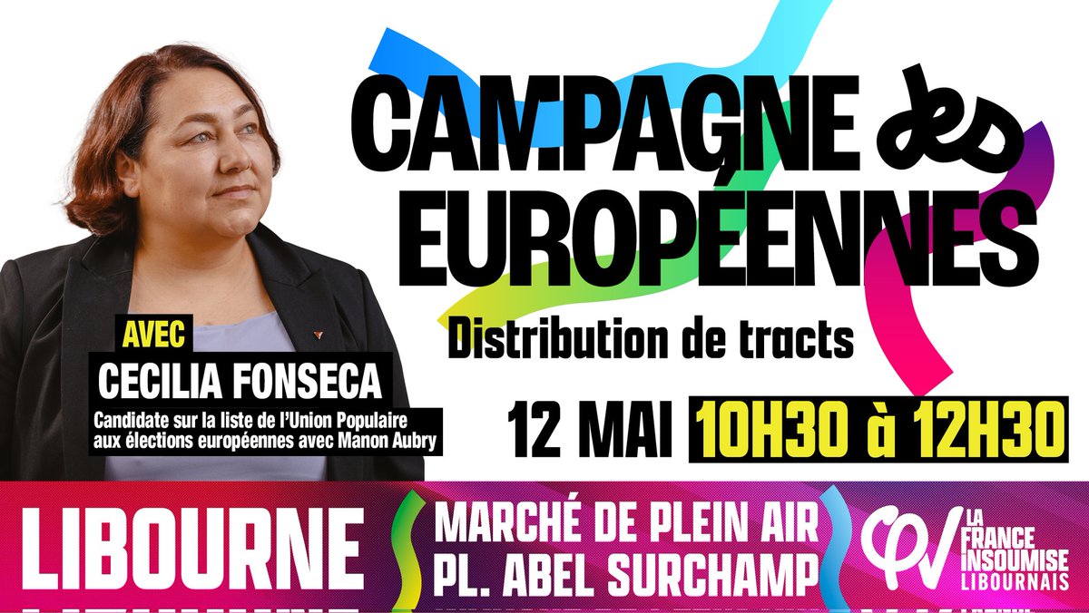 Dimanche à Libourne, venez nous rencontrer pour échanger sur les #Europeennnes2024 avec notre candidate de la Gironde Cécilia FONSECA @cecileperso28 pour la liste France Insoumise #AvecManonAubry