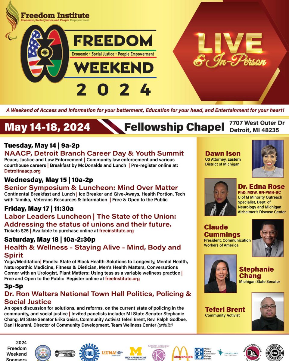 Take advantage of these incredible events during Freedom Week as the Detroit chapter of the NAACP prepares for the 69th Annual Freedom Fund Dinner. For more information, check out their website and @DETROITNAACP.