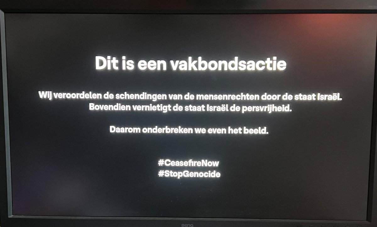 Broadcast of Eurovision song festival on Belgian TV starts like this: 'This is a workers union action. We denounce the human rights violations by the state of Israel. Moreover, the state of Israel destroys press freedom. That's why we shortly interrupt this programme.”