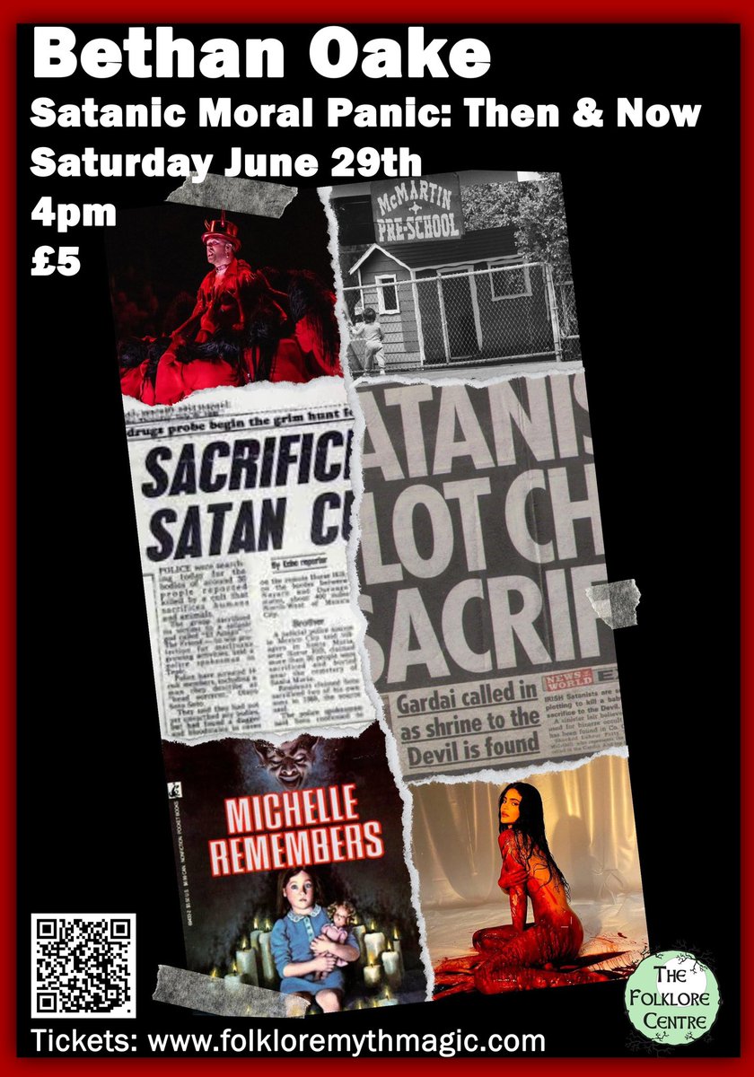 Satanic Moral Panic with @bethanjuliet The origins of the Satanic legend are traceable to early Middle Ages; it has since periodically resurfaced in the form of ‘Satanism Scares’. But are we now experiencing the next wave of Satanic moral panic? Tickets: folkloremythmagic.com/event-details/…